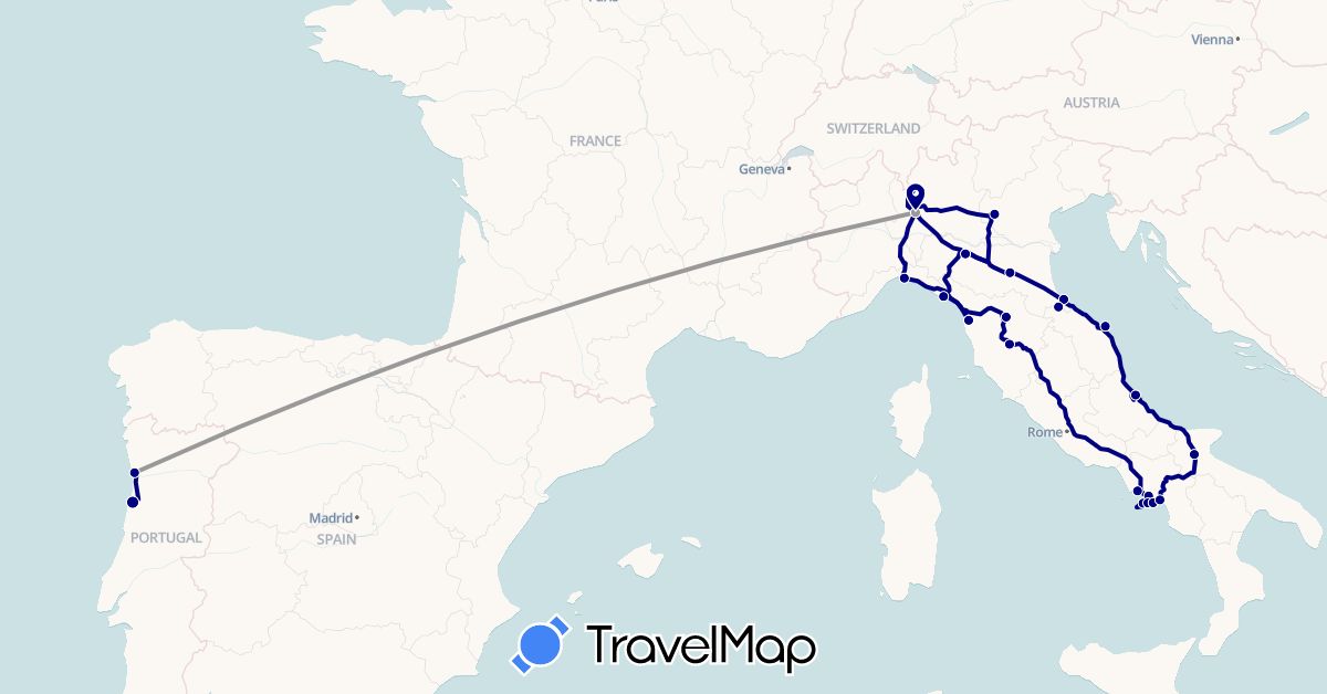 TravelMap itinerary: driving, plane in Italy, Portugal, San Marino (Europe)